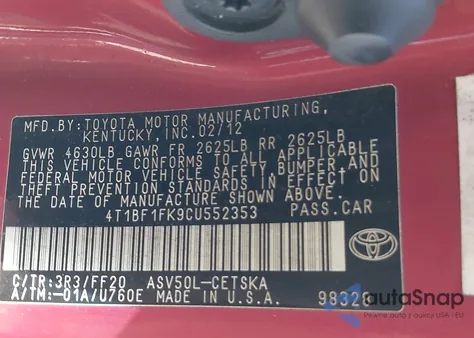 2012 Toyota Camry Se z USA, uszkodzony, nr VIN 4T1BF1FK9CU552353